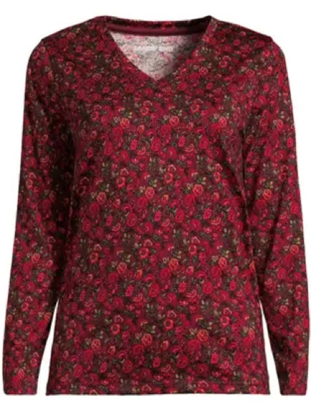 Lands' End Supima Cotton Lush Burgundy/Red Flowers L/S V-Neck T-Shirt-Size 1X
